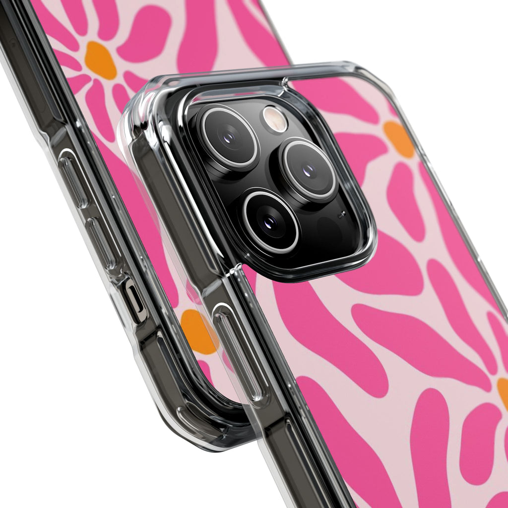 Magnetic Clear Phone Case — Pink Retro Floral Design with Monogram