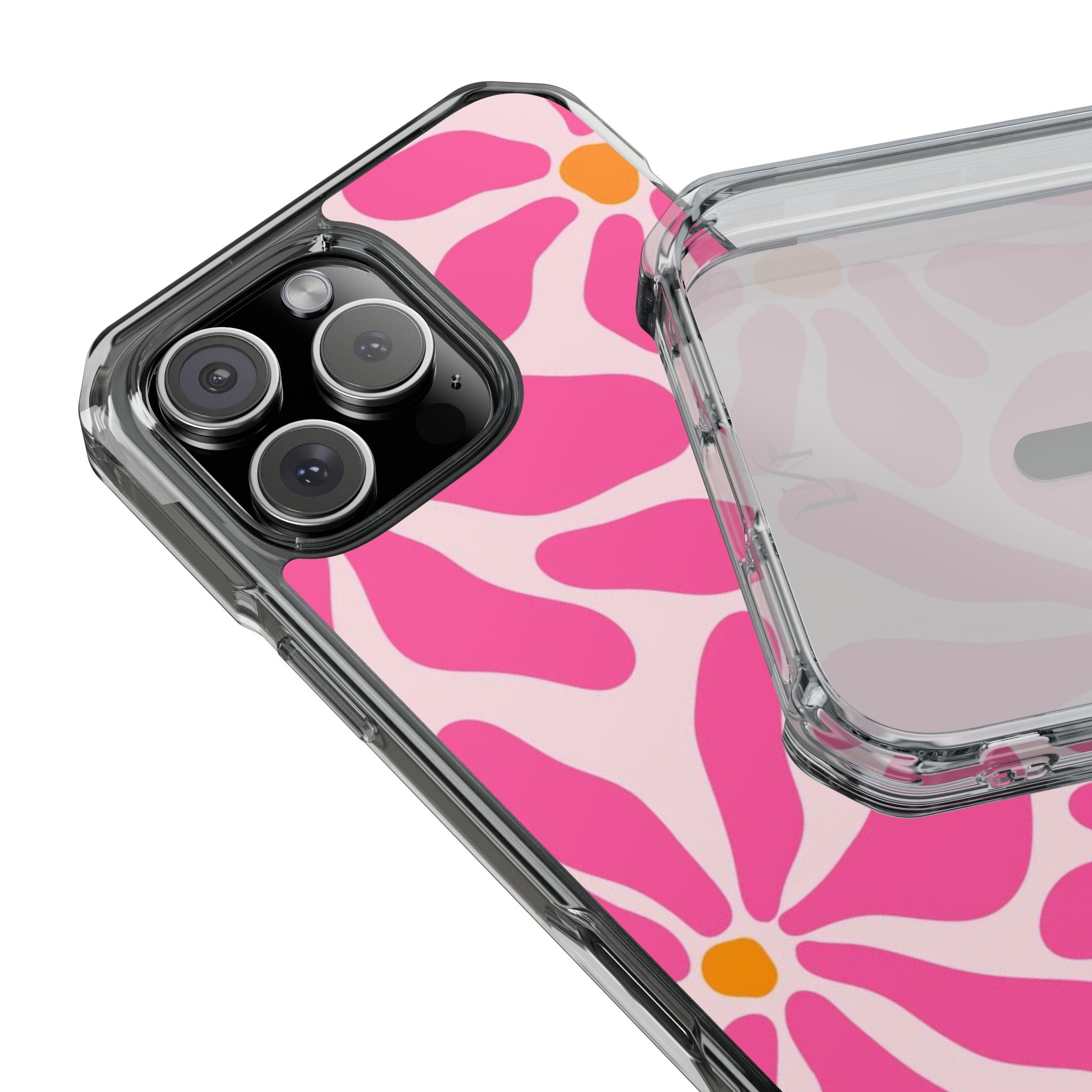 Magnetic Clear Phone Case — Pink Retro Floral Design with Monogram