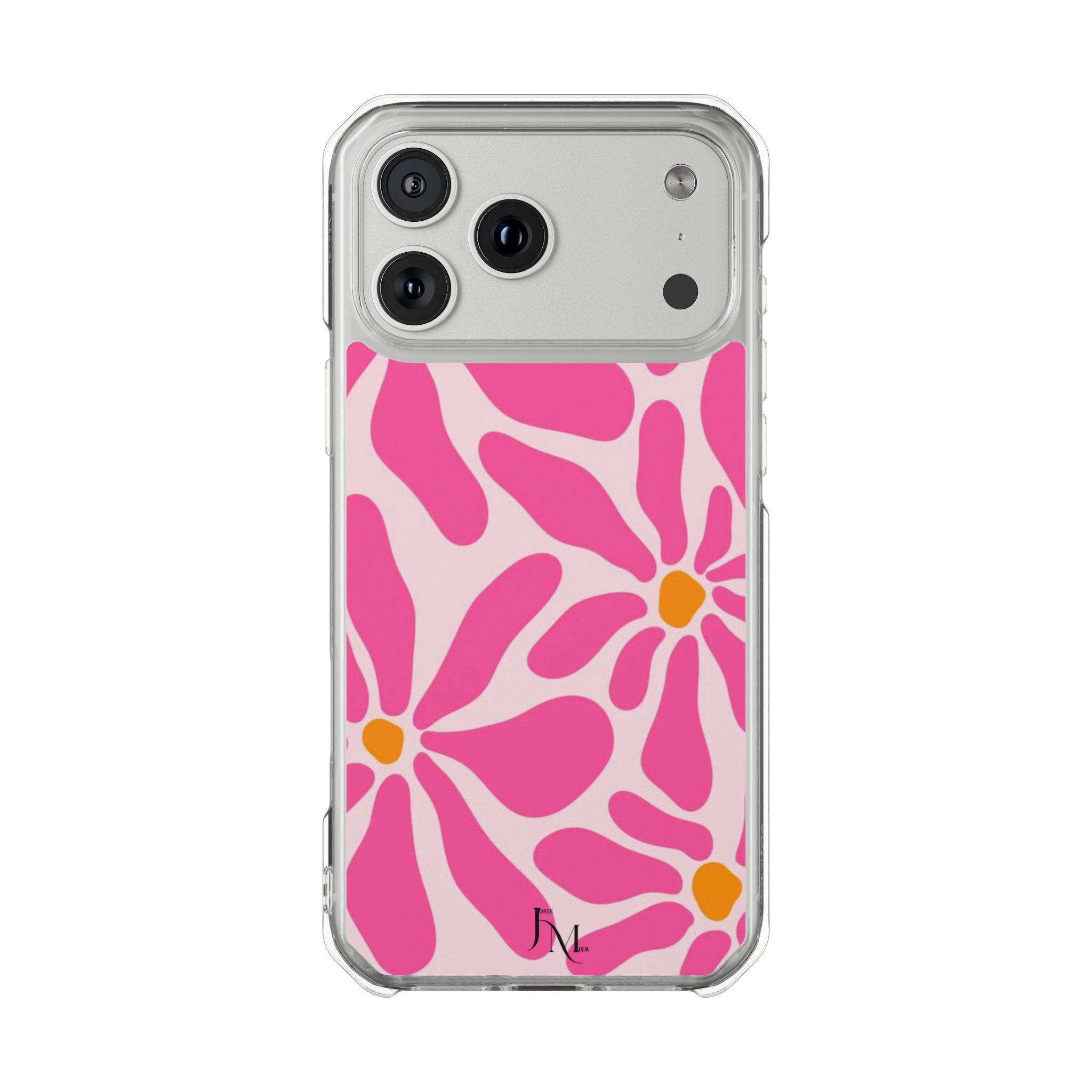 Magnetic Clear Phone Case — Pink Retro Floral Design with Monogram