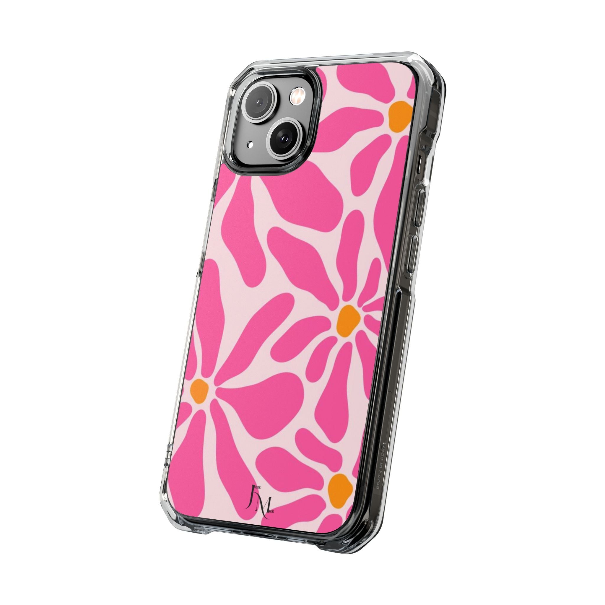 Magnetic Clear Phone Case — Pink Retro Floral Design with Monogram