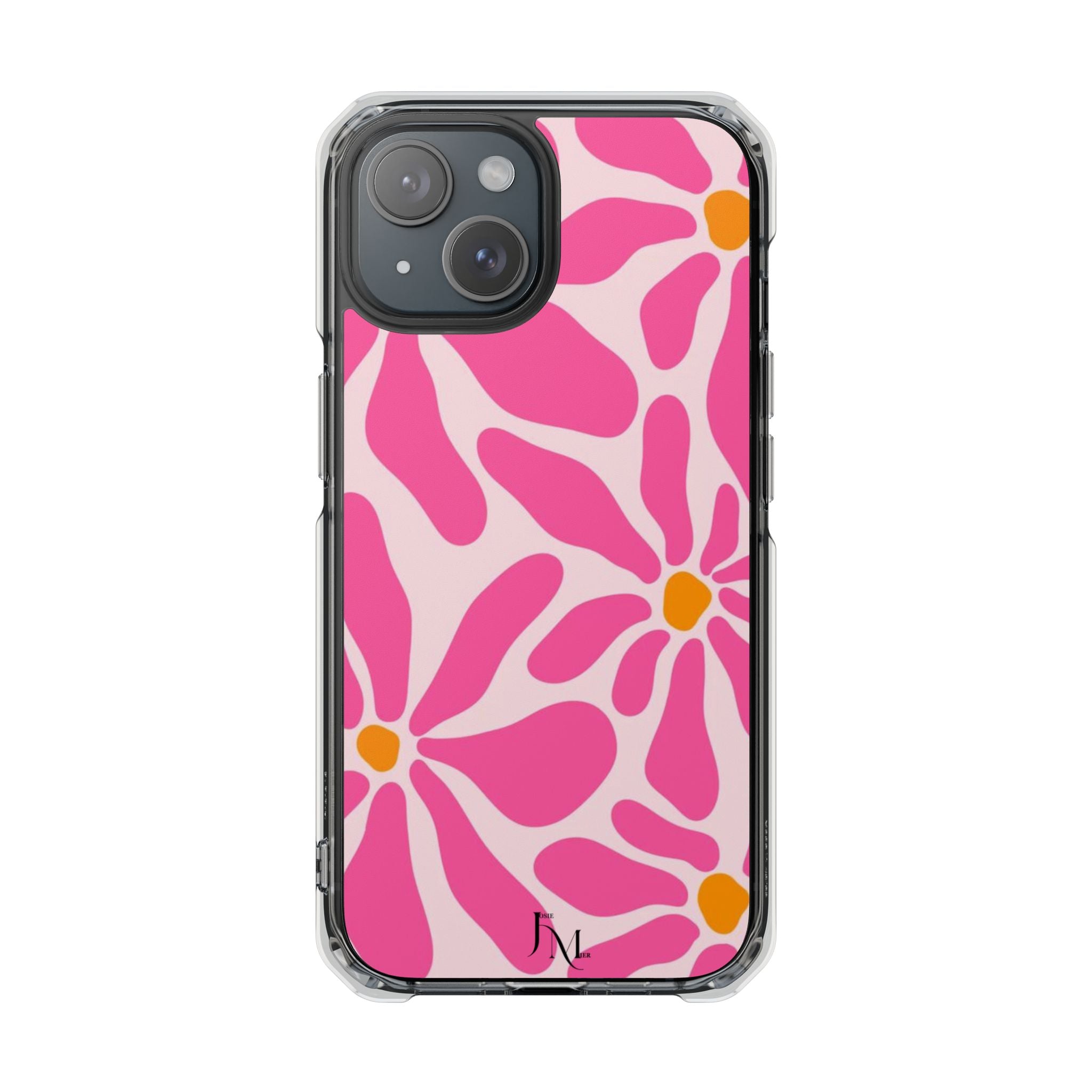 Magnetic Clear Phone Case — Pink Retro Floral Design with Monogram