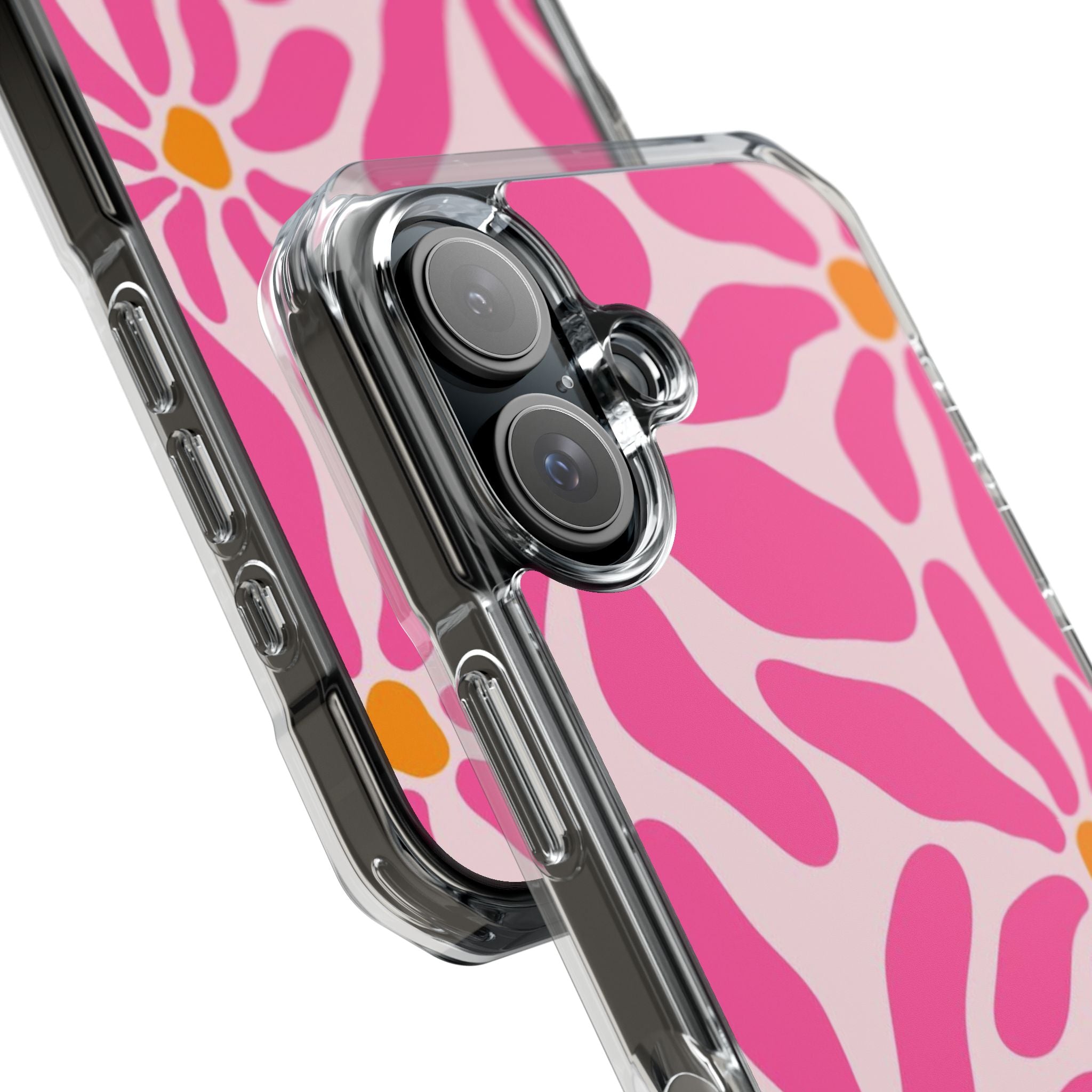 Magnetic Clear Phone Case — Pink Retro Floral Design with Monogram