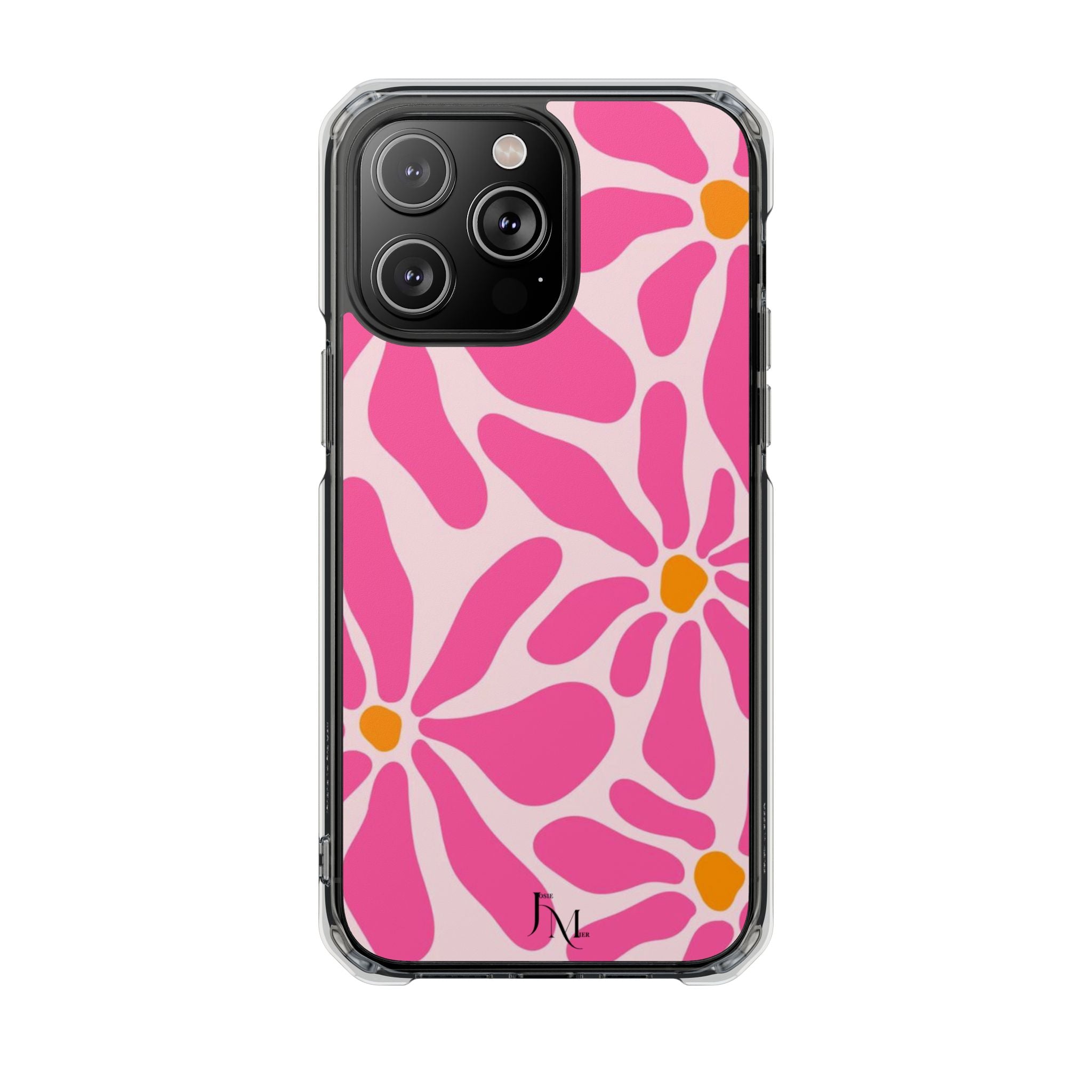 Magnetic Clear Phone Case — Pink Retro Floral Design with Monogram