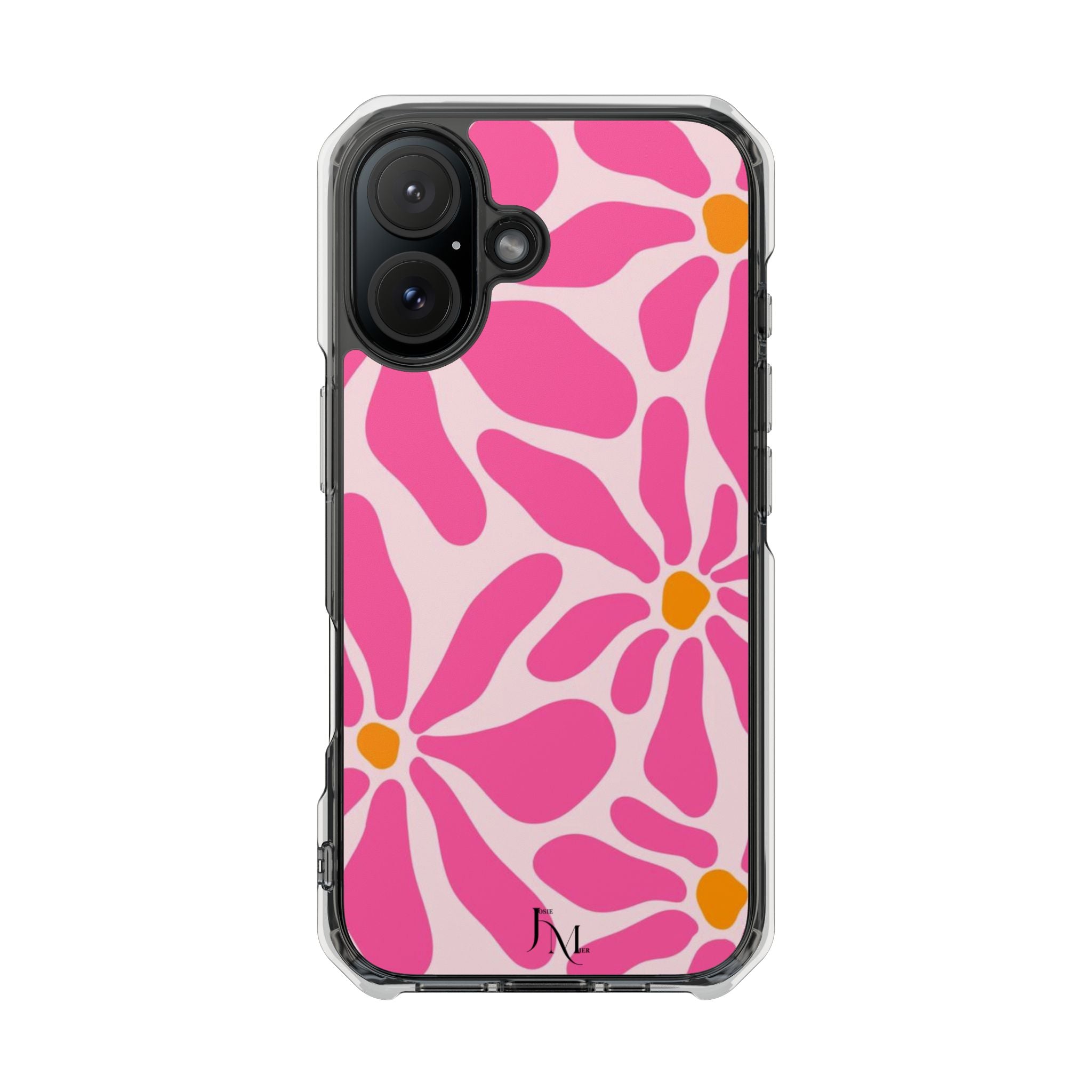 Magnetic Clear Phone Case — Pink Retro Floral Design with Monogram