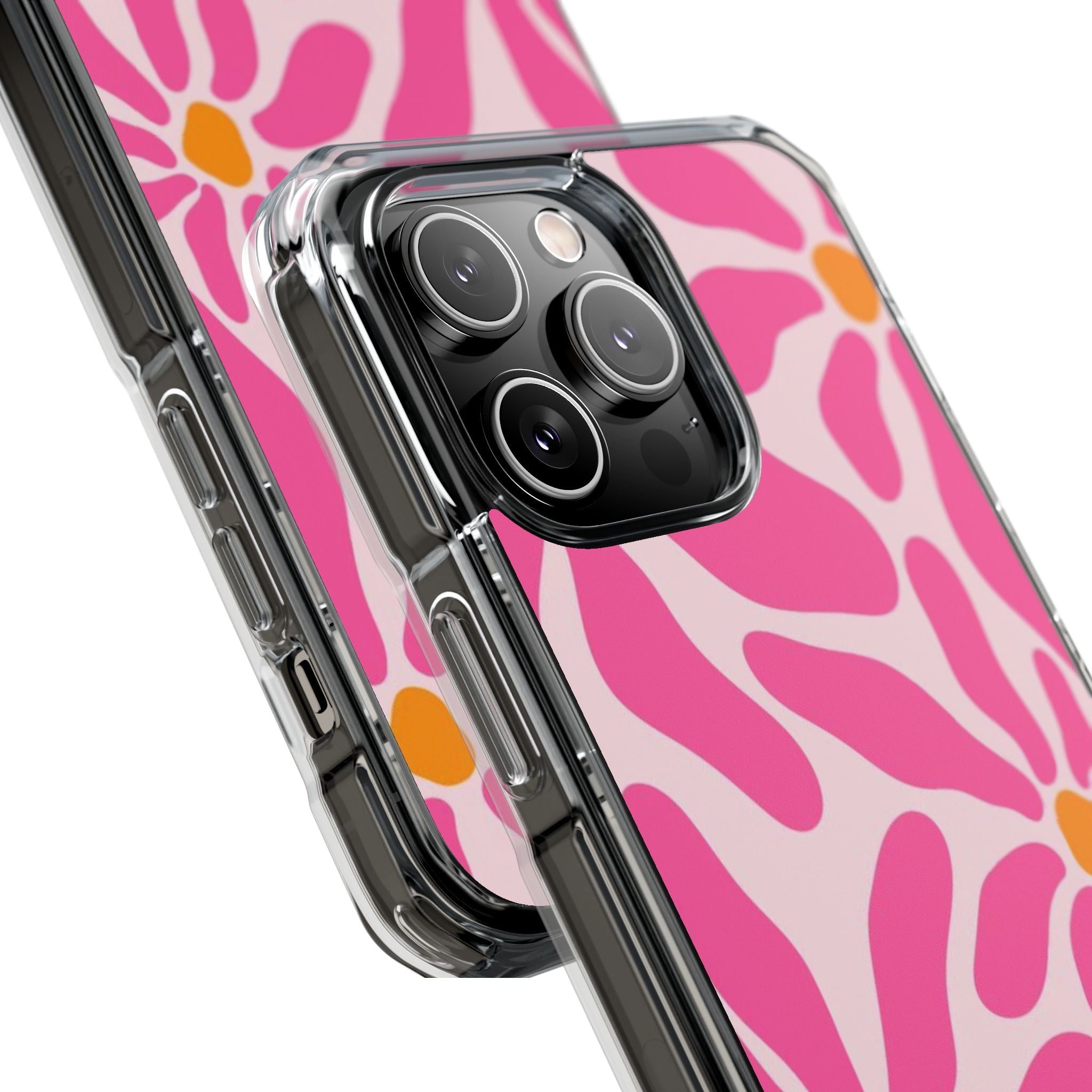 Magnetic Clear Phone Case — Pink Retro Floral Design with Monogram