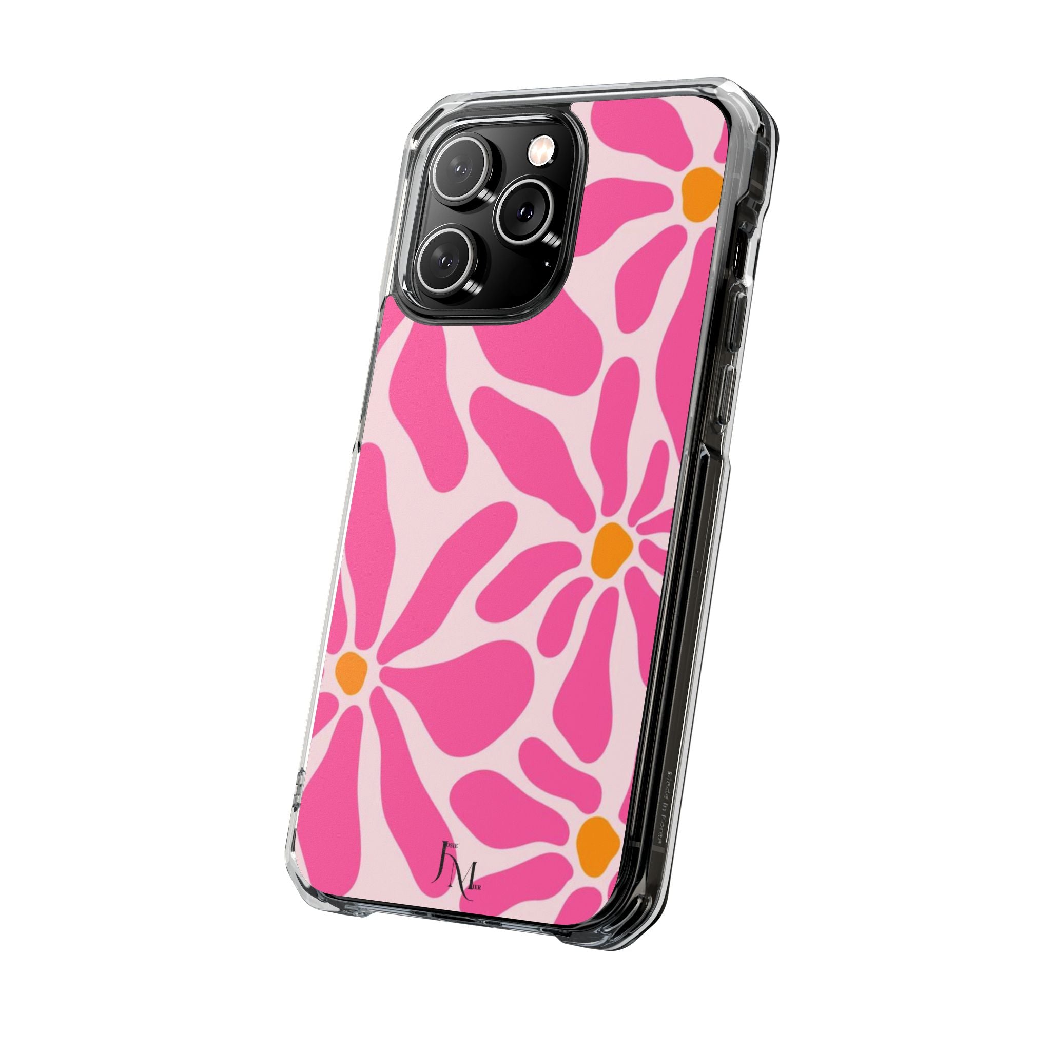 Magnetic Clear Phone Case — Pink Retro Floral Design with Monogram