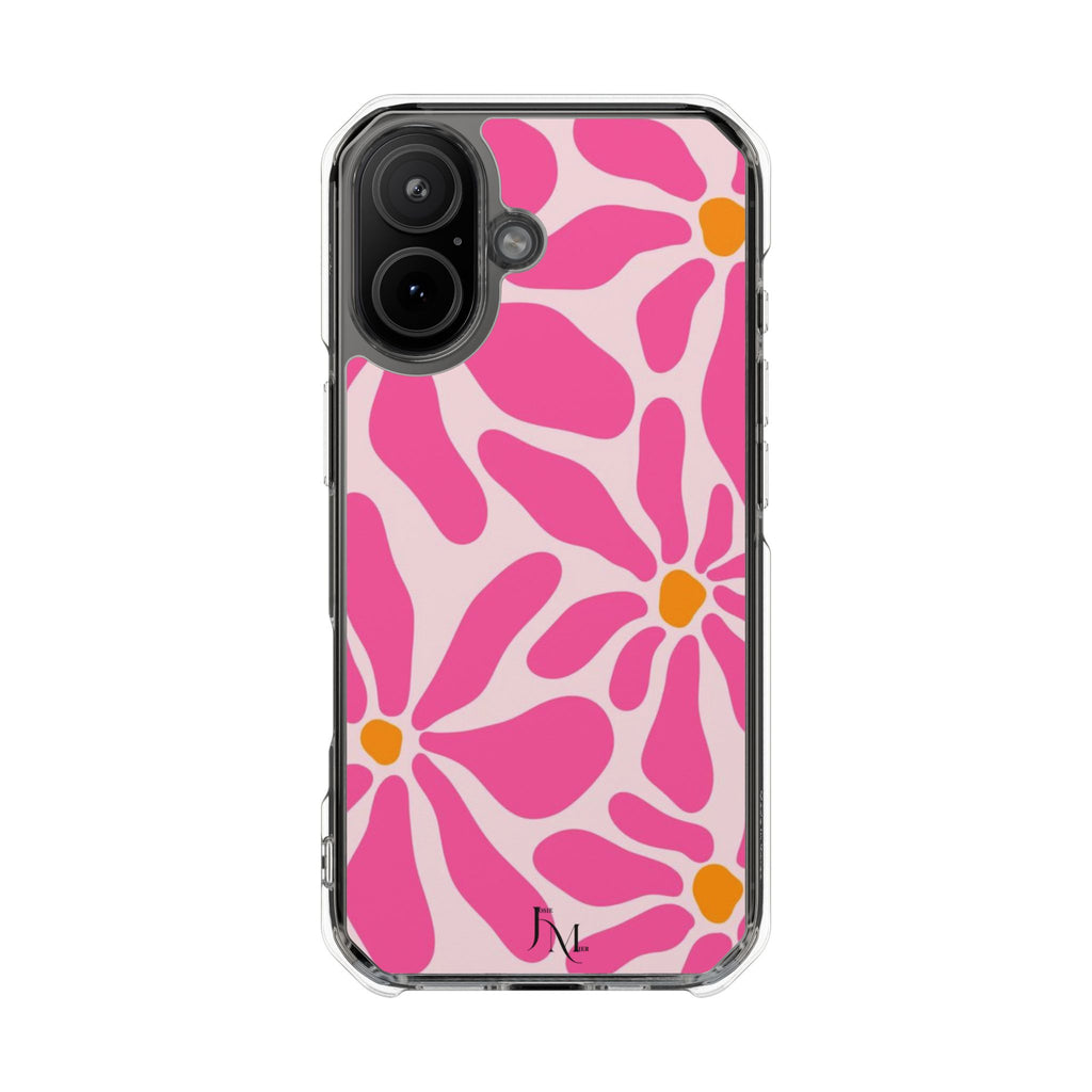 Magnetic Clear Phone Case — Pink Retro Floral Design with Monogram