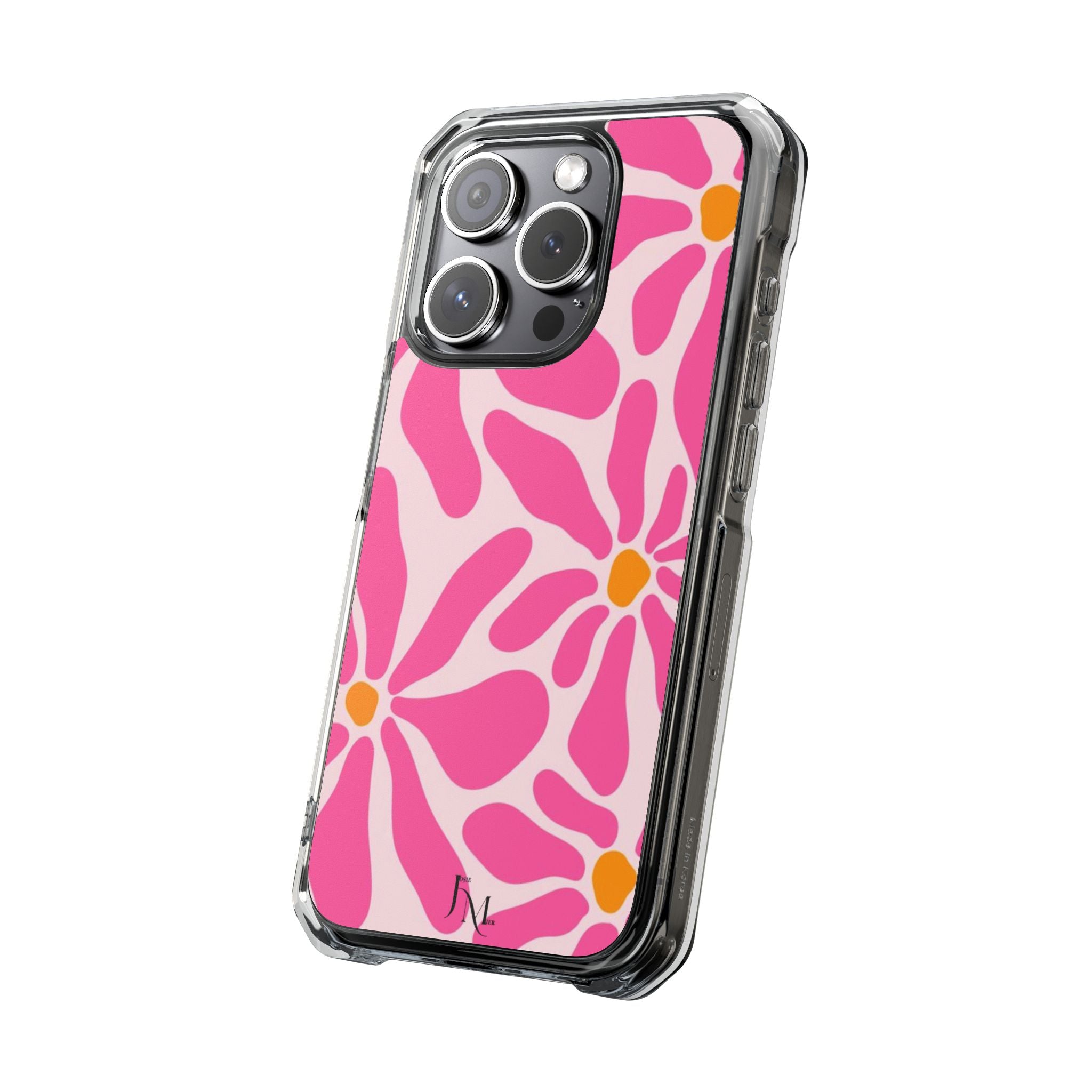 Magnetic Clear Phone Case — Pink Retro Floral Design with Monogram
