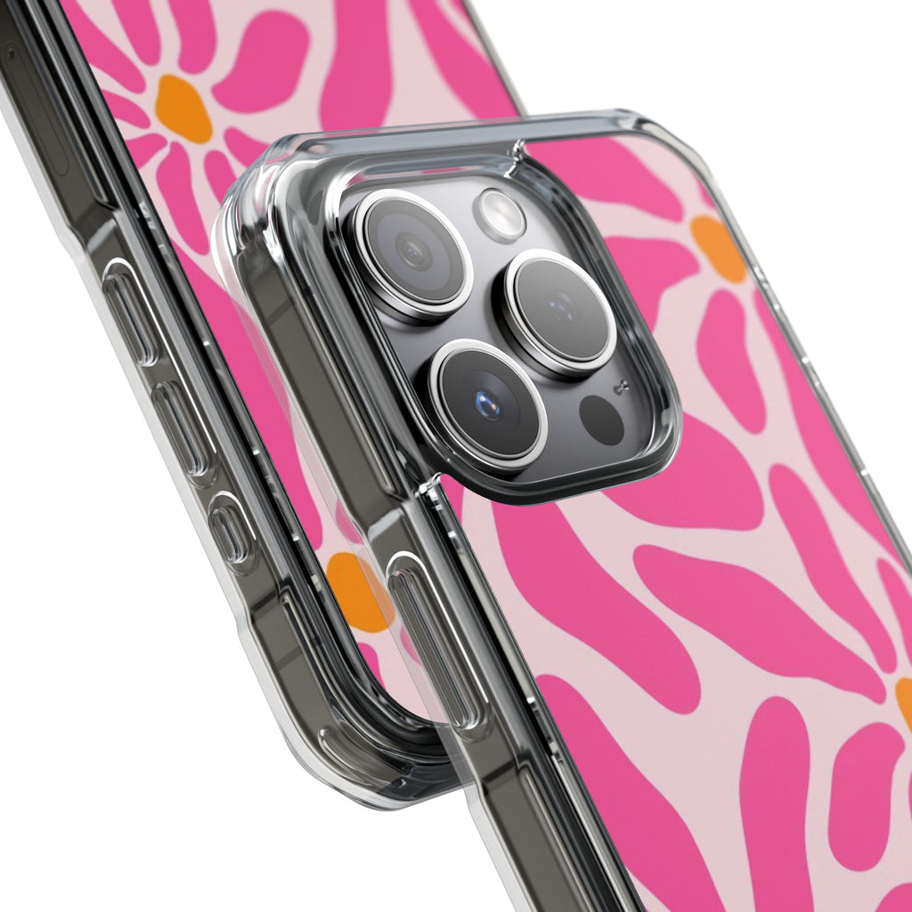 Magnetic Clear Phone Case — Pink Retro Floral Design with Monogram