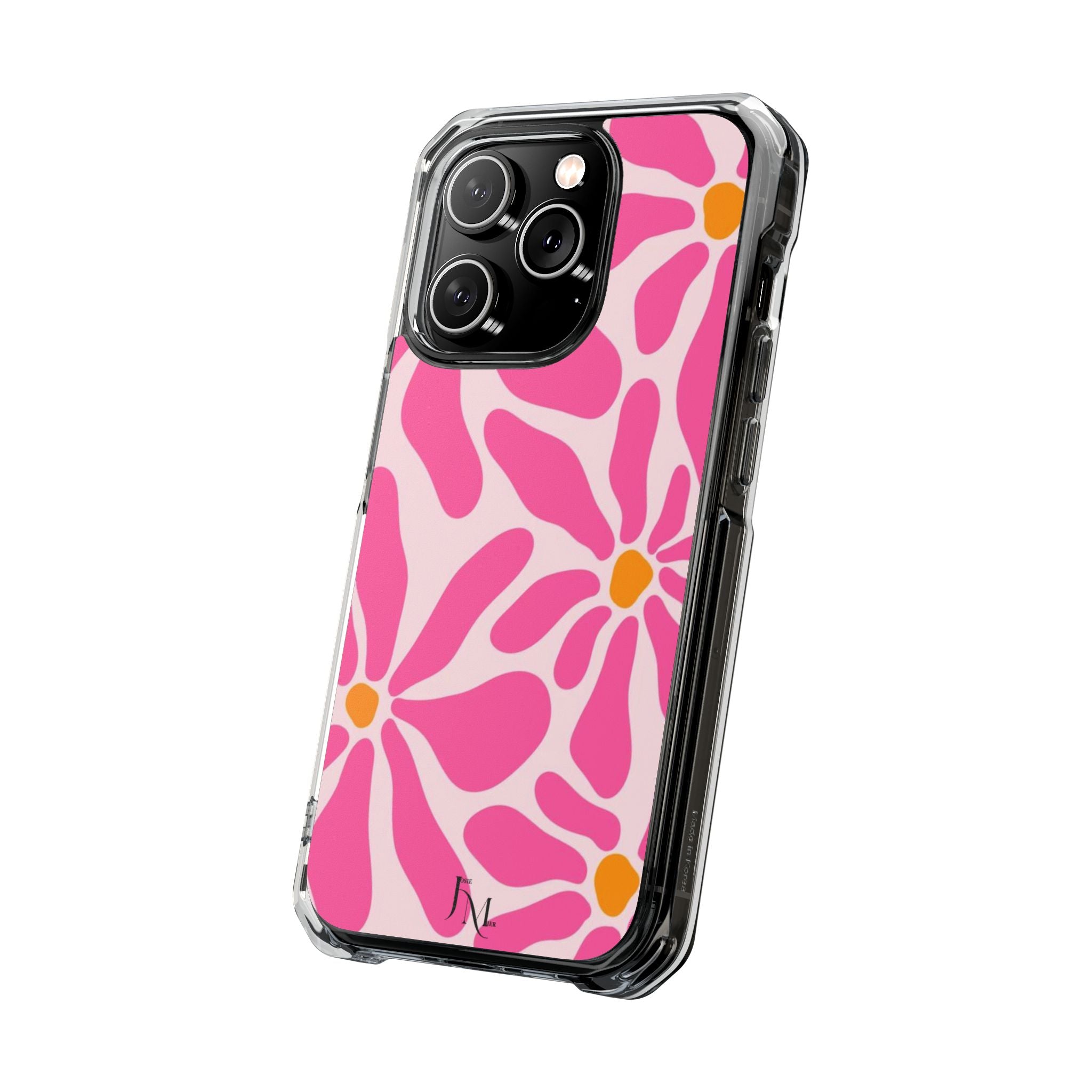 Magnetic Clear Phone Case — Pink Retro Floral Design with Monogram