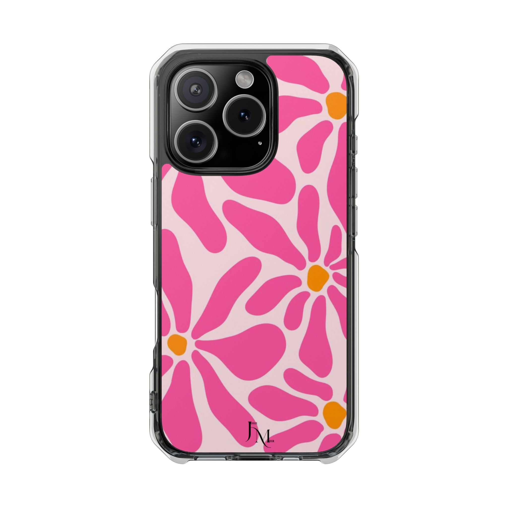 Magnetic Clear Phone Case — Pink Retro Floral Design with Monogram