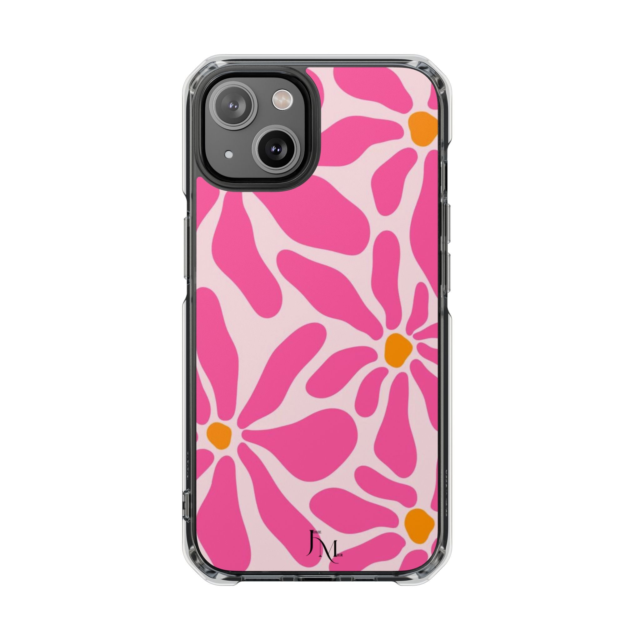 Magnetic Clear Phone Case — Pink Retro Floral Design with Monogram