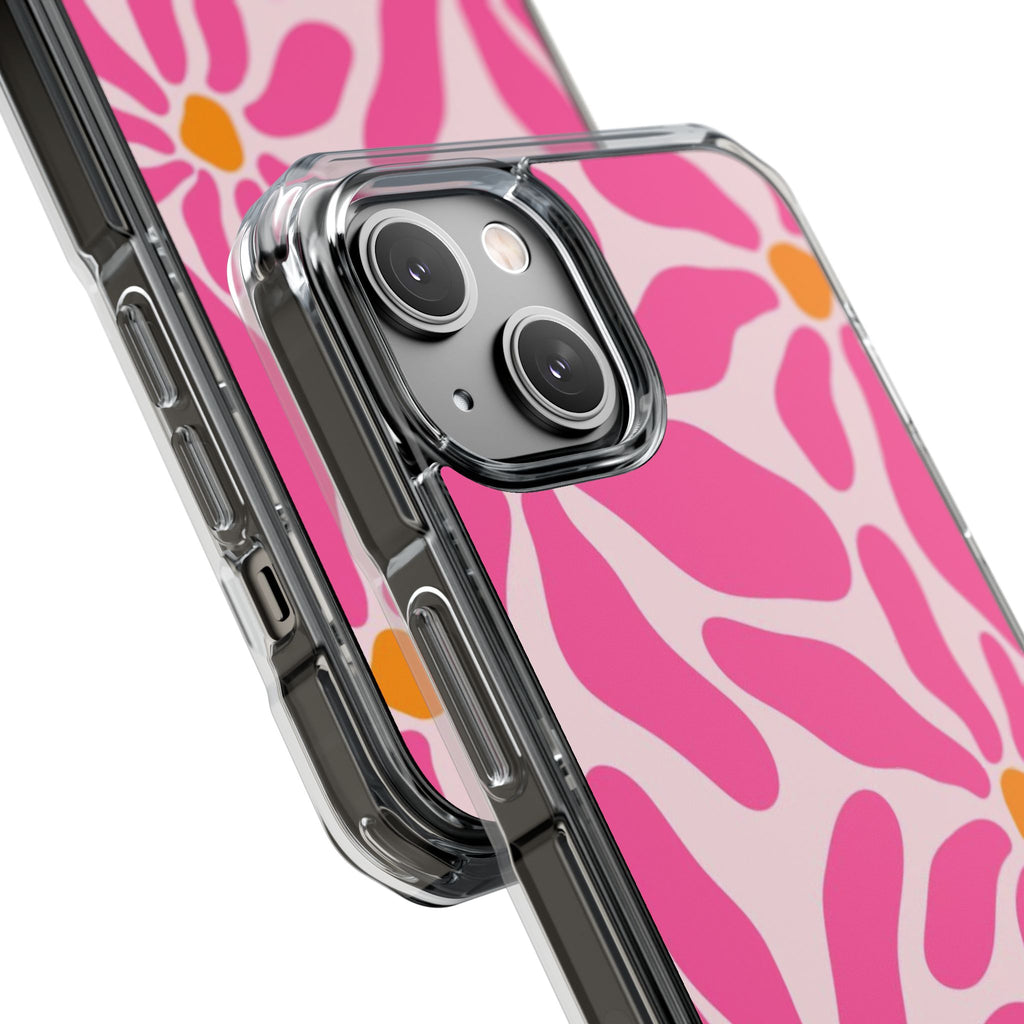 Magnetic Clear Phone Case — Pink Retro Floral Design with Monogram