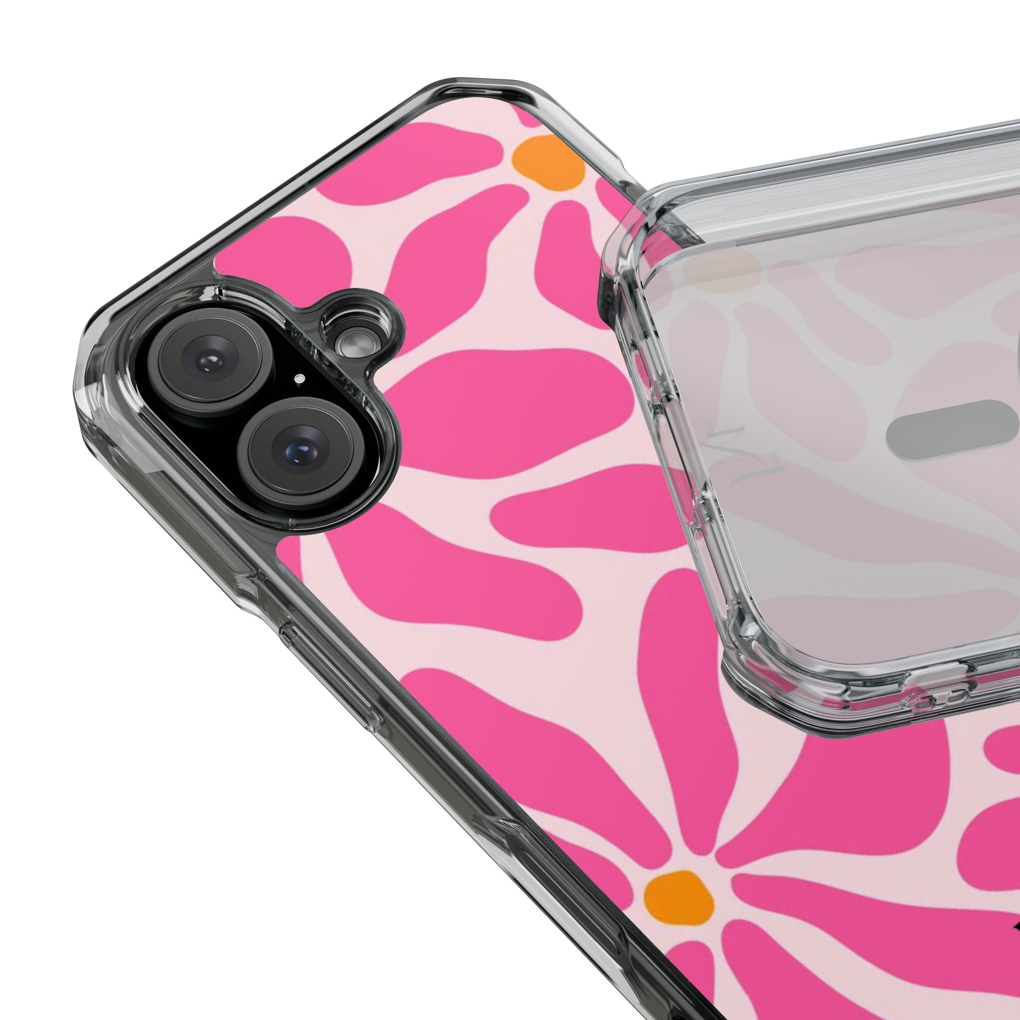 Magnetic Clear Phone Case — Pink Retro Floral Design with Monogram