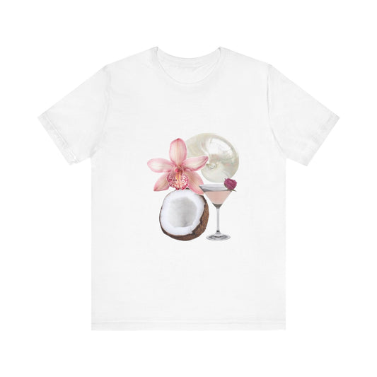 Tropical Cocktail Tee with Floral Design, Beachwear, Summer Essentials, Gift for Her, Relaxing Vibes