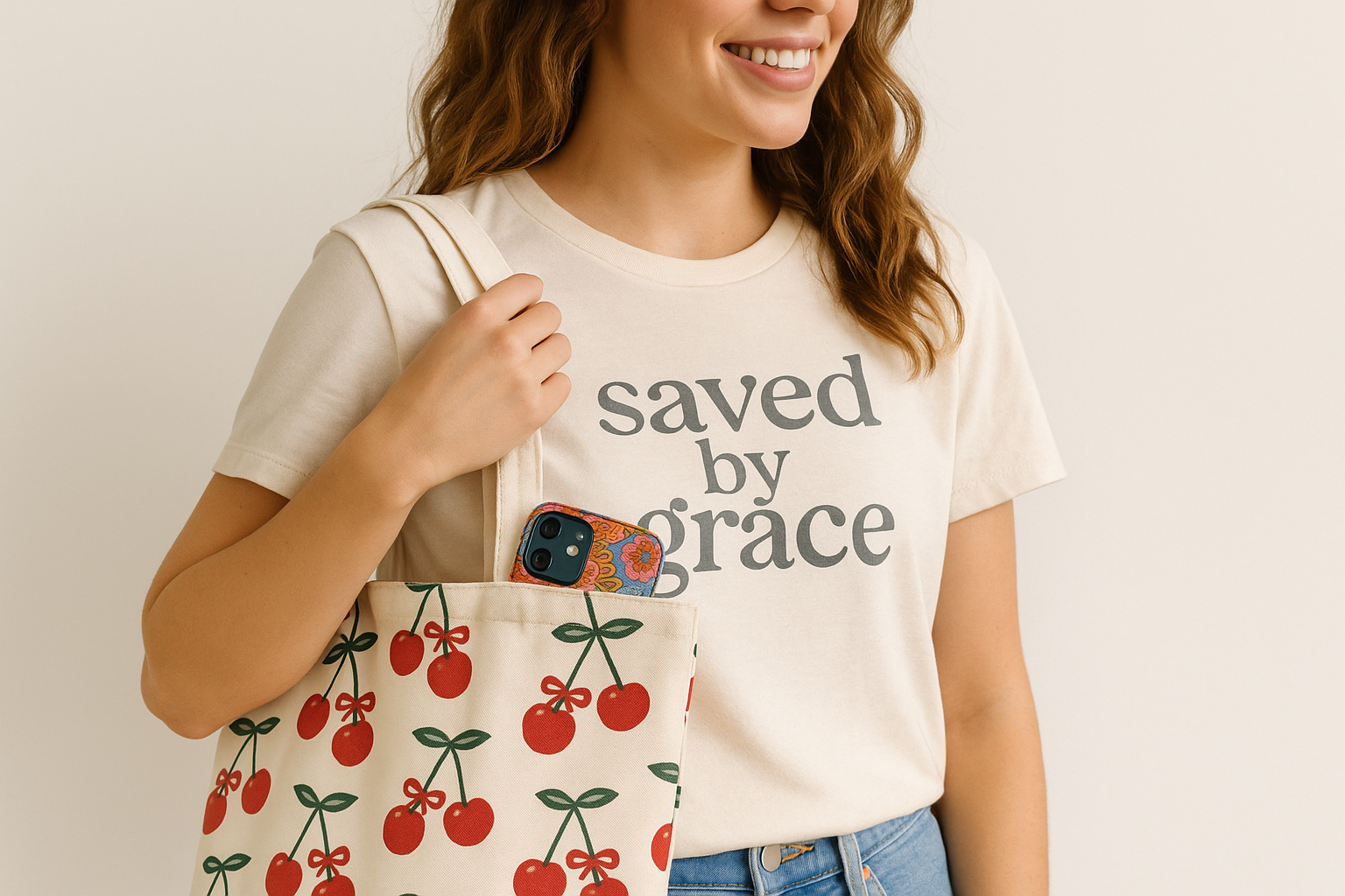 girl has a tote bag on her shoulder. the tote bag has cherries printed on it with bows on the cherries stem. there is phone in the bag that is in a beautiful colouful phone case. she is wearing a t-shirt that das the words saved by grace printed on it